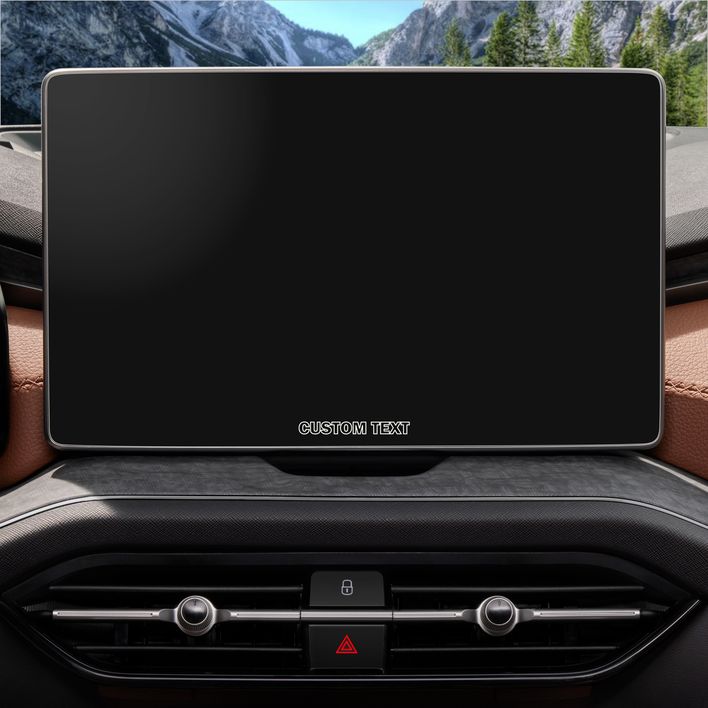 The dashboard of a GrizzProtector customization car features a large, blank infotainment screen with custom text.