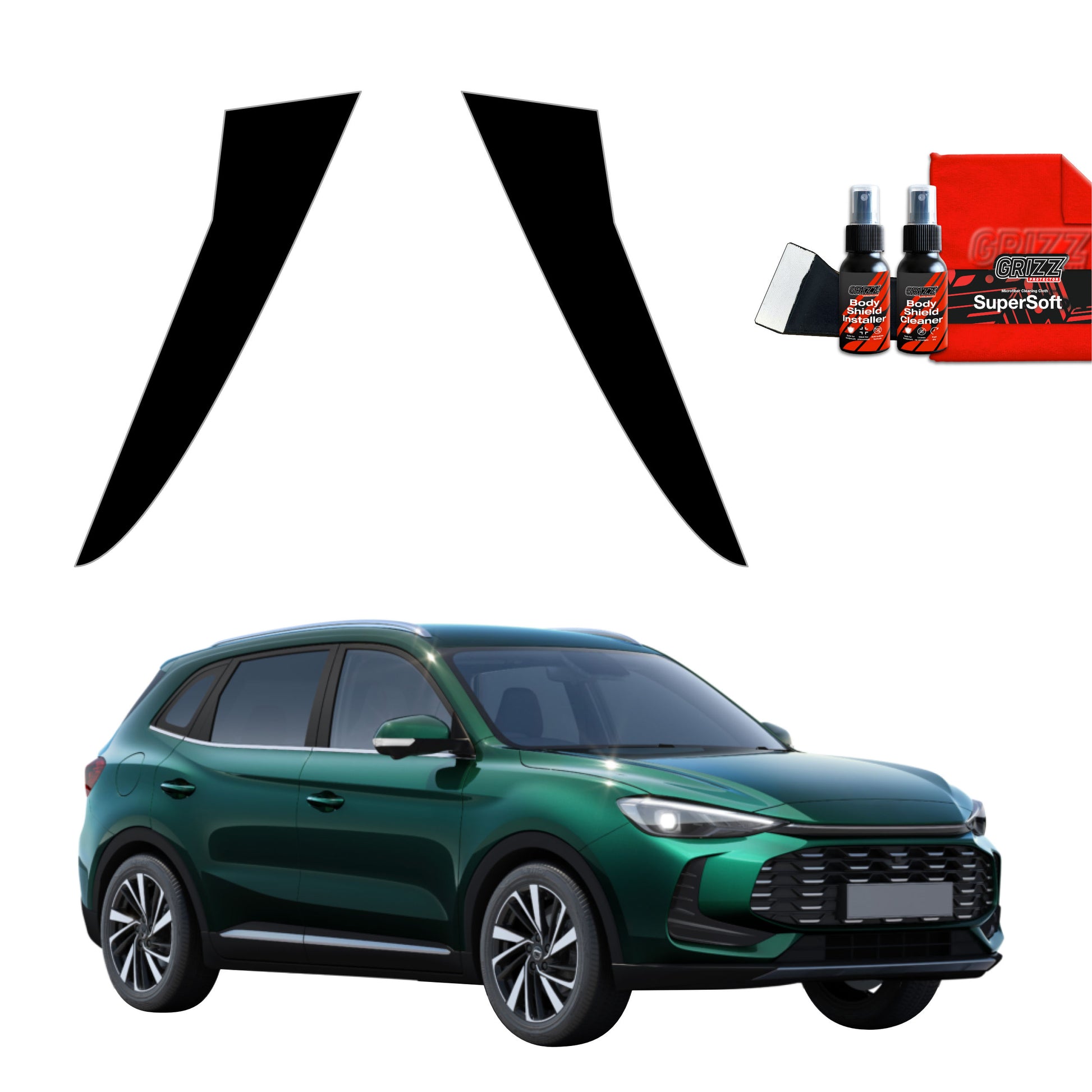 Green MG ZS Hybrid+ SUV with GrizzProtector 2in1 Schwarze Schutzfolie, cleaning kit, and PPF-Schutzfolie above right.