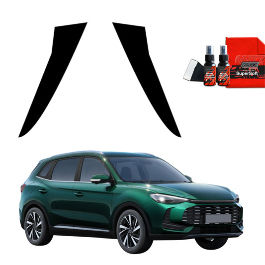 Green MG ZS Hybrid+ SUV with GrizzProtector 2in1 Schwarze Schutzfolie, cleaning kit, and PPF-Schutzfolie above right.