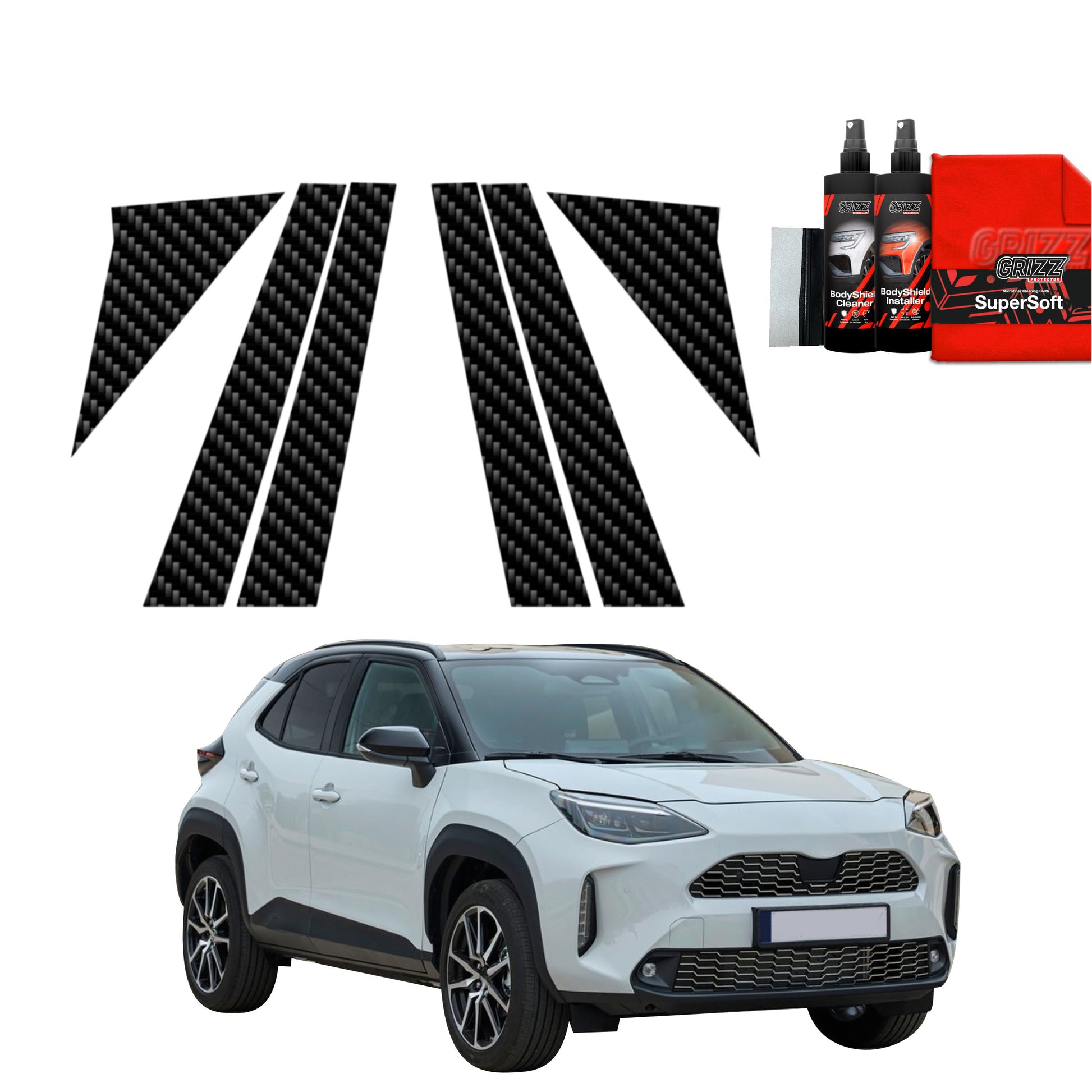 GrizzProtector 6in1 Kohlenstoff Schutzfolie für A-B-Säule am Toyota Yaris Cross (2021-2025) auf weißem Hintergrund.