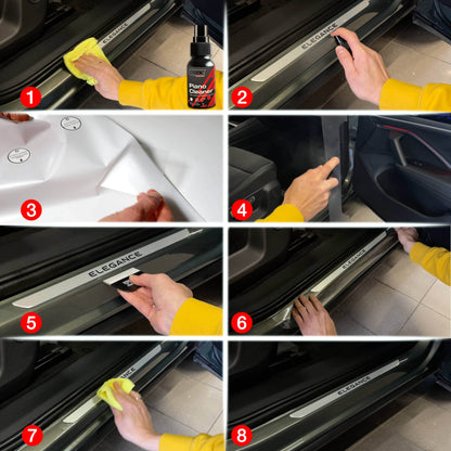 Eight steps show a person applying GrizzProtector 10in1 Schutzfolie on an Audi Q3 Sportback door sill labeled ELEGANCE.