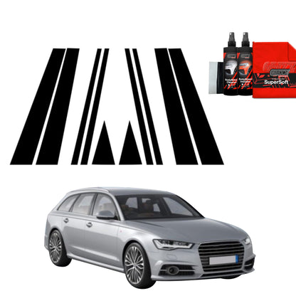 A silver Audi A6 C7 Avant with GrizzProtector 10in1 Black B-C-pillar film, car care items, and a bold black logo.