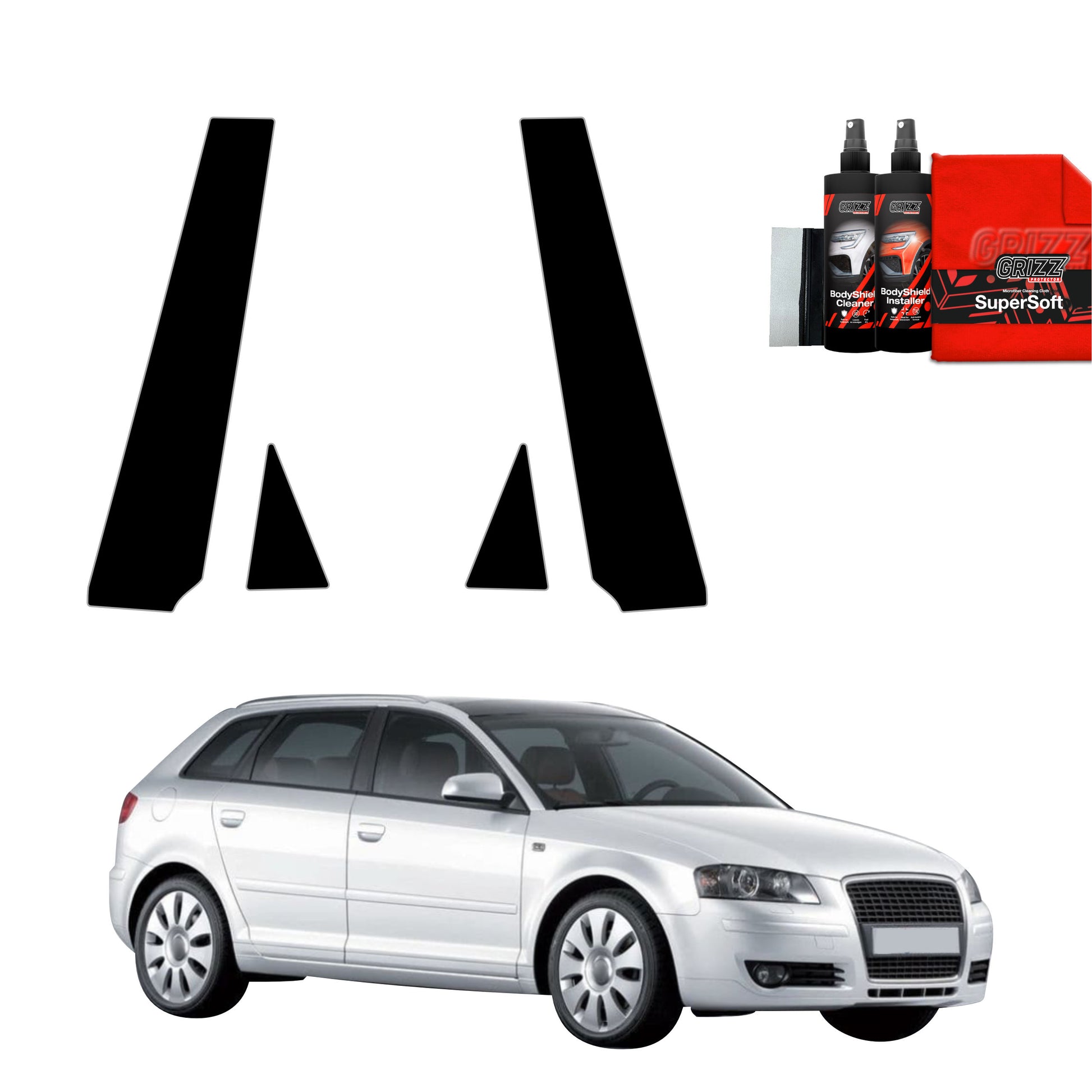 GrizzProtector 4in1 schwarze B-C-Säule Schutzfolie für Audi A3 8P Hatchback 5D (2008-2012) auf weißem Hintergrund.