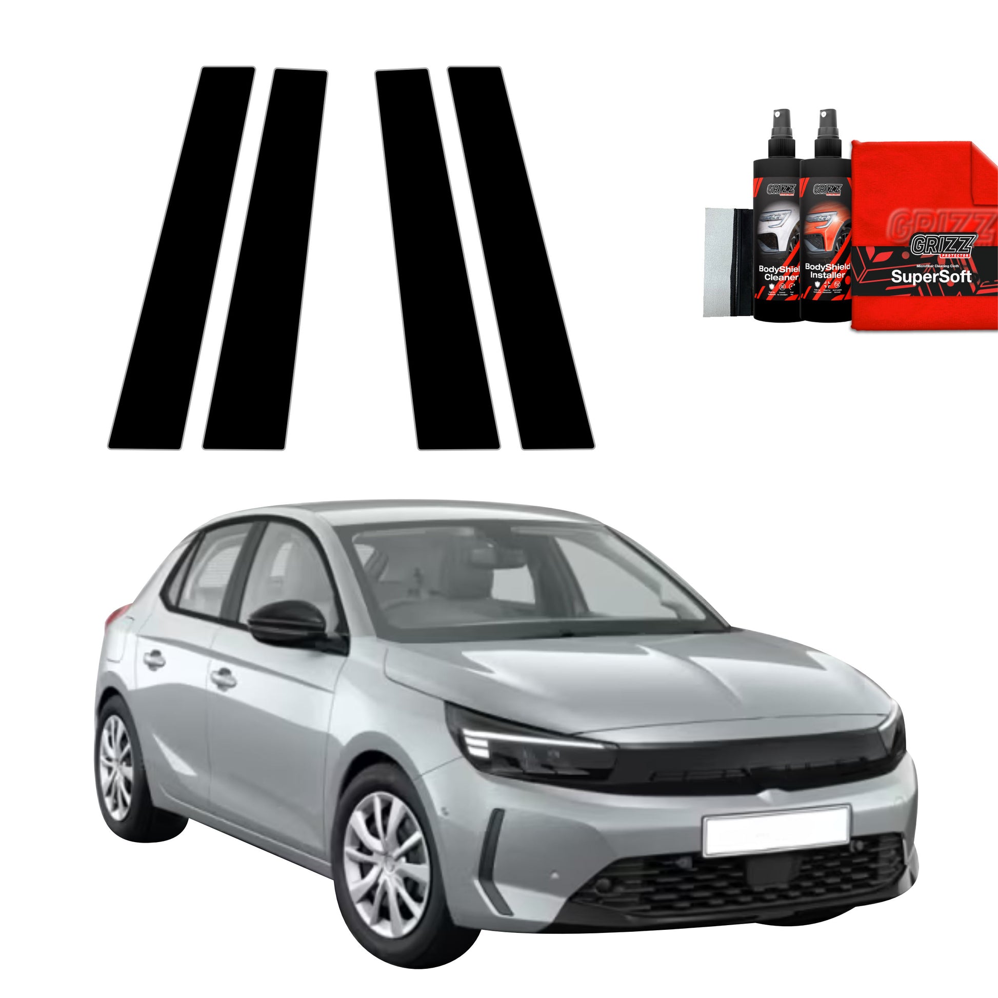 A silver Opel Corsa (2023-2025) with GrizzProtector black B-pillar strips and a red car care kit on white background.