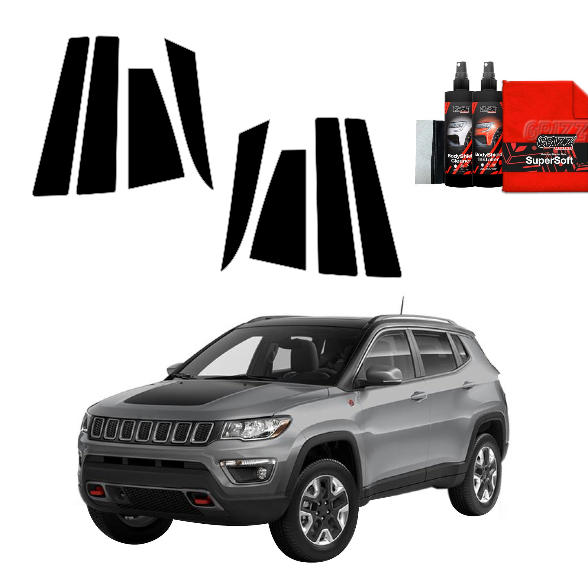 Gray Jeep Compass (2020-2024) with GrizzProtector 8in1 black B-C-pillar film, black trim, car care products, red cloth.