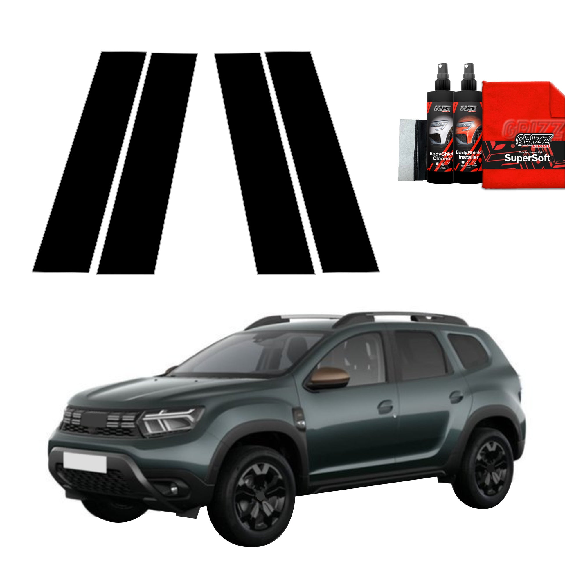 GrizzProtector 4in1 Schwarze Schutzfolie B-Säule for Dacia Duster (2024-2025) displayed above the black-striped SUV.