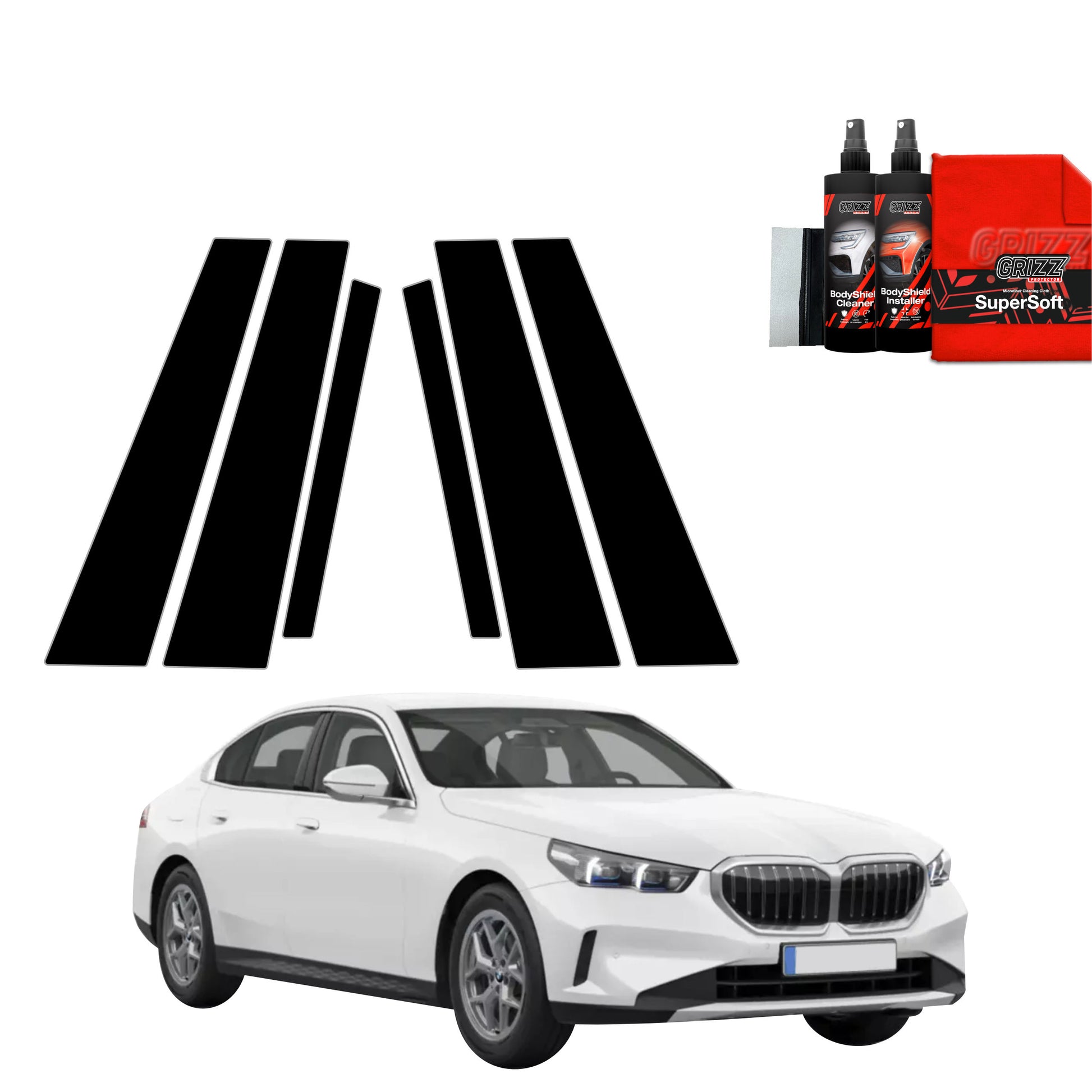 GrizzProtector 6in1 Schwarze Schutzfolie B-C-Säule für BMW G60 520i, inkl. 2 Pflegeflaschen & rotem Tuch.