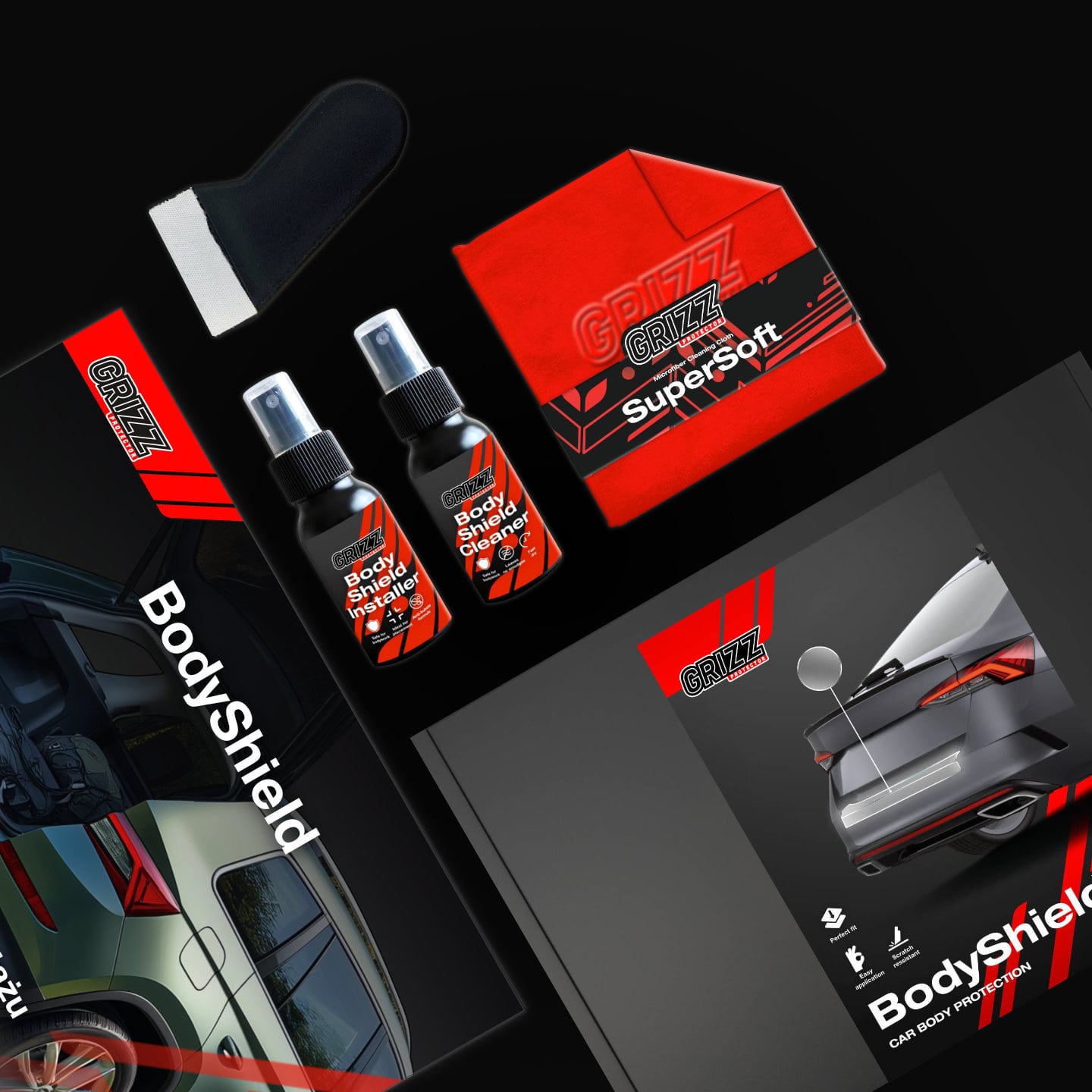 GrizzProtector 2in1 Black Pillar Protection Film for Kia Ceed SW Kombi (2021-2025) shown in sleek packaging.