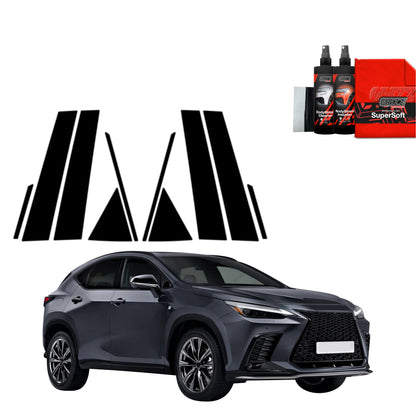 Black Lexus NX 350h with GrizzProtector 10in1 schwarze Schutzfolie for A/B/C pillar, car care kit & cloth, on white.