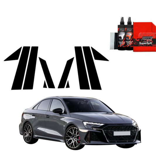 A black Audi RS3 with GrizzProtector 10in1 B-C-Säule Schutzfolie, bold logo, red cloth, and bottles on white.