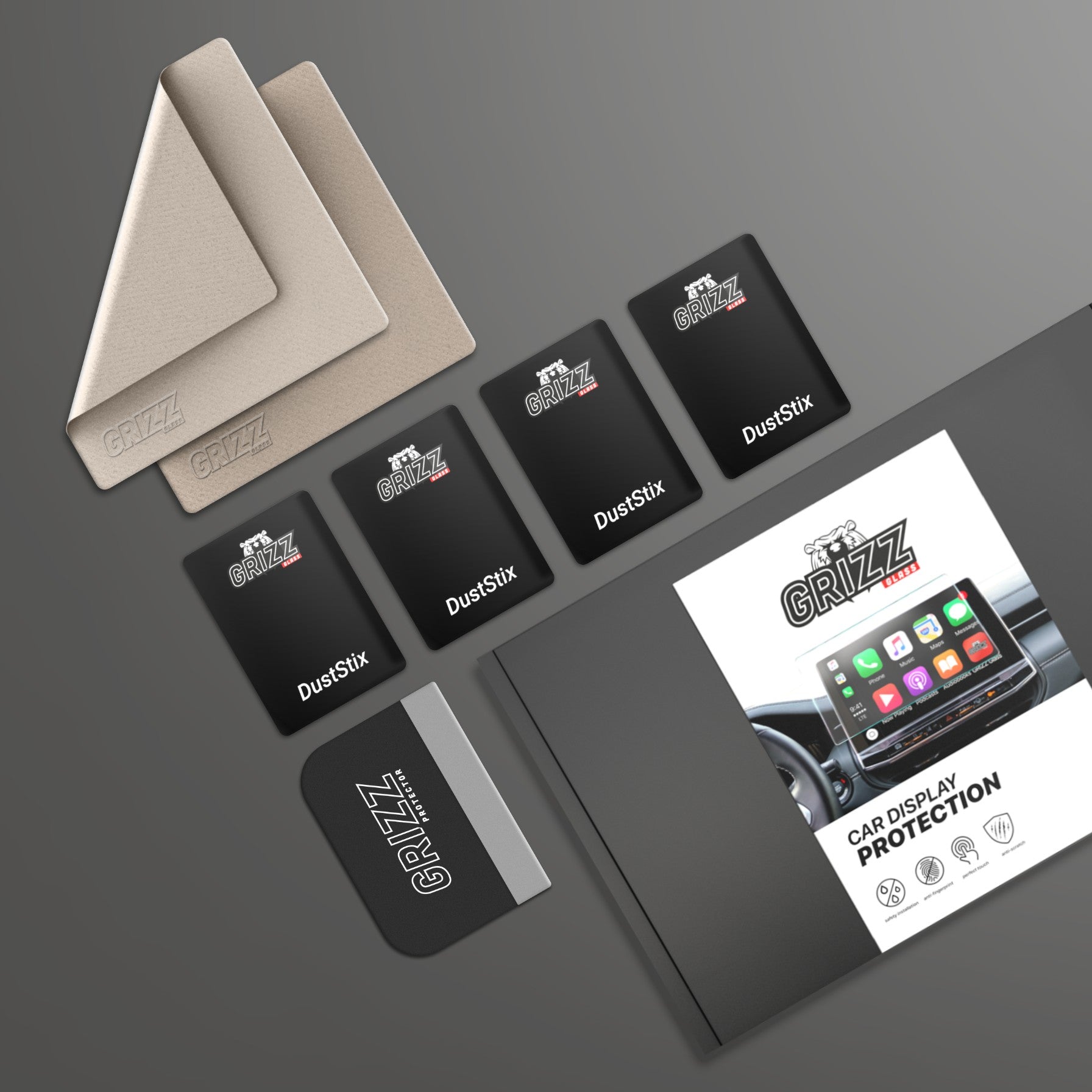 GrizzProtector kit for BYD Atto 3 15.6" (2022-2025) includes Navi Folie, cloths, dust stickers & squeegee.