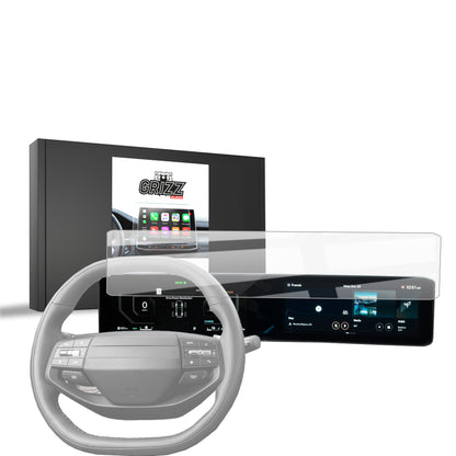 Car steering wheel, digital dashboard, GrizzProtector box and app icons for Displayschutzfolie Kia Sportage 5 (2025).