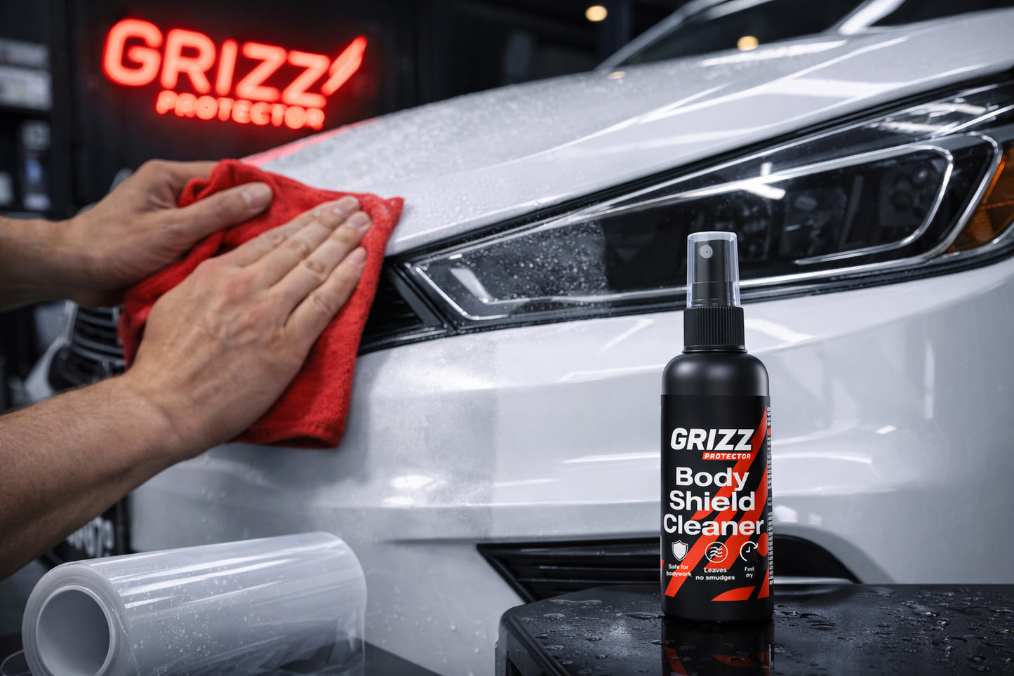 GRIZZ BodyShield Cleaner effectively prepares the surface before film application by removing dirt and degreasing.