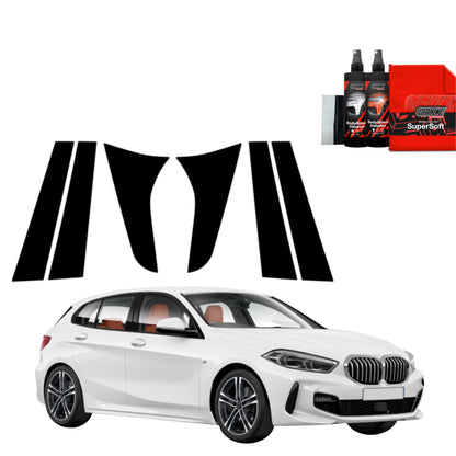 GrizzProtector 6in1 Schwarze Schutzfolie für B-C-Säule, passend für BMW 1 118i (2020-2025), auf weißem Hintergrund.