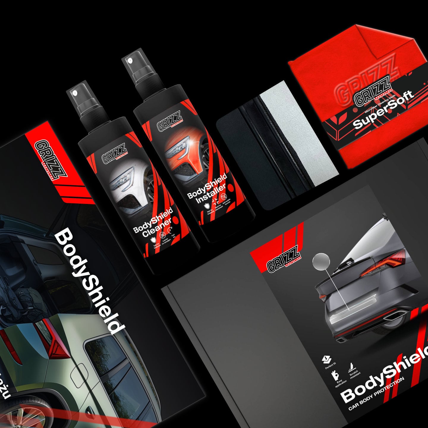 GrizzProtector 6in1 black B-C pillar film for Mercedes GLE 450d (2023-2025) with spray bottles and cloths.