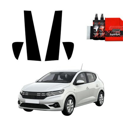 White Dacia Sandero 2020-2024 with GrizzProtector 4in1 B-Säule Schutzfolie, car care kit, and red microfiber cloth.