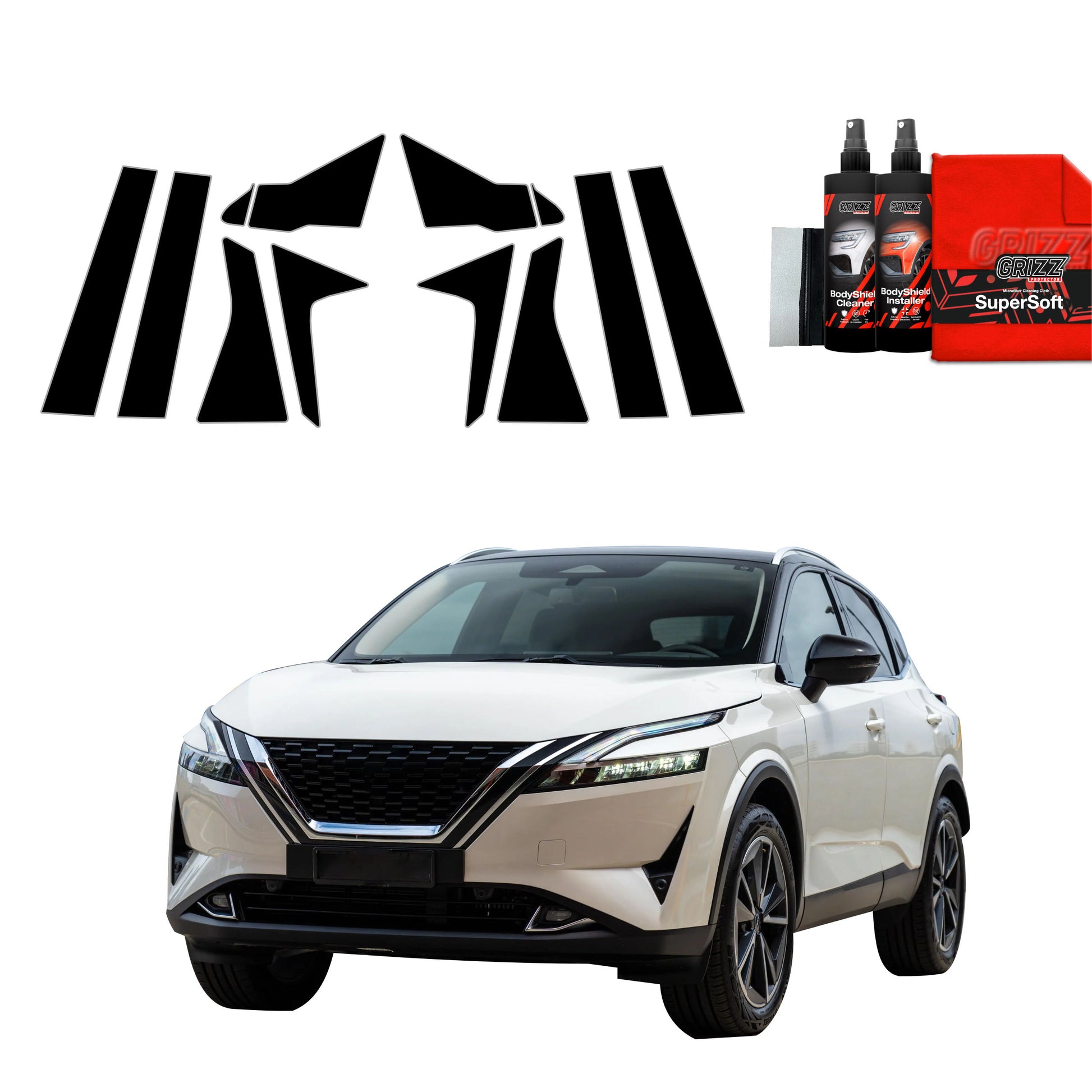 A white Nissan Qashqai 3 with GrizzProtector 10in1 schwarze A-B-C-Säule Schutzfolie and black geometric decals.