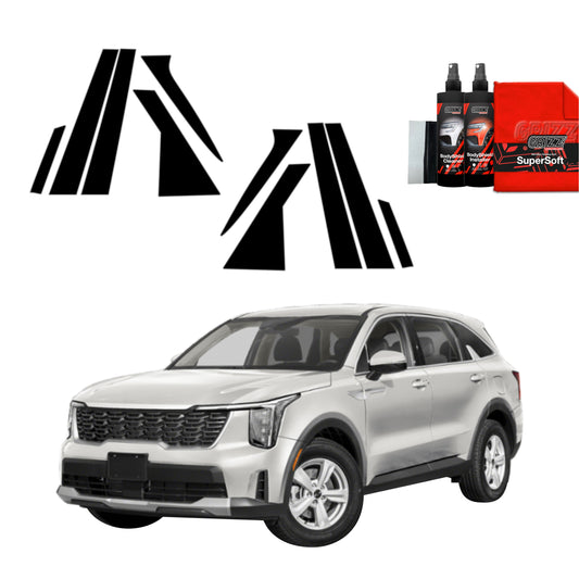 Silver SUV with GrizzProtector 10in1 black pillar film for Kia Sorento (2023-2025), spray bottles, and red towels.
