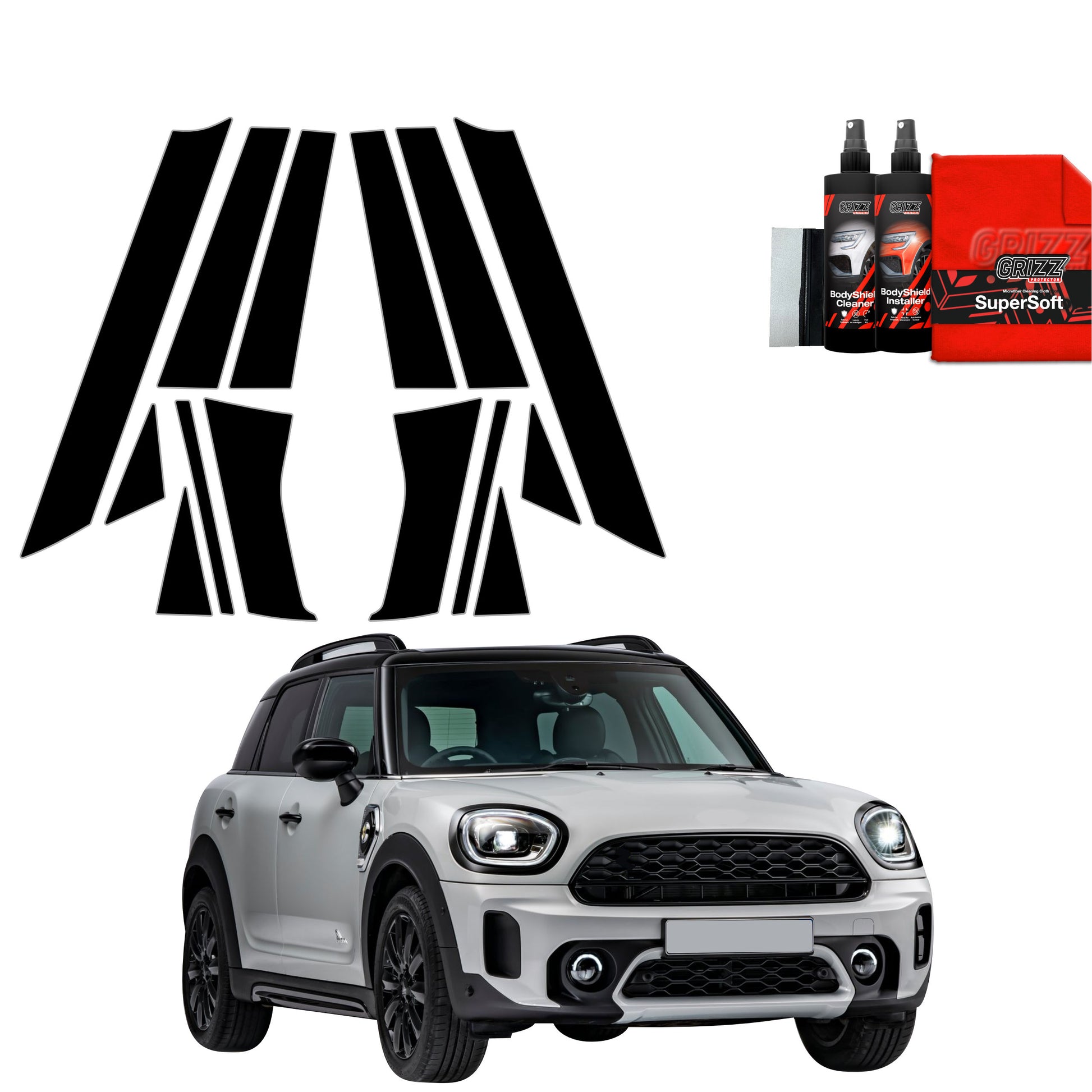 GrizzProtector 14in1 schwarze Schutzfolie für A-B-C-Säule am MINI Countryman (2023-2025) mit schwarzen Akzenten.
