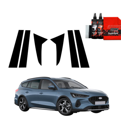 GrizzProtector 6in1 B-Säule Schutzfolie for Ford Focus Active X Kombi Facelift (2021-2025) with cleaning kit and red towel.