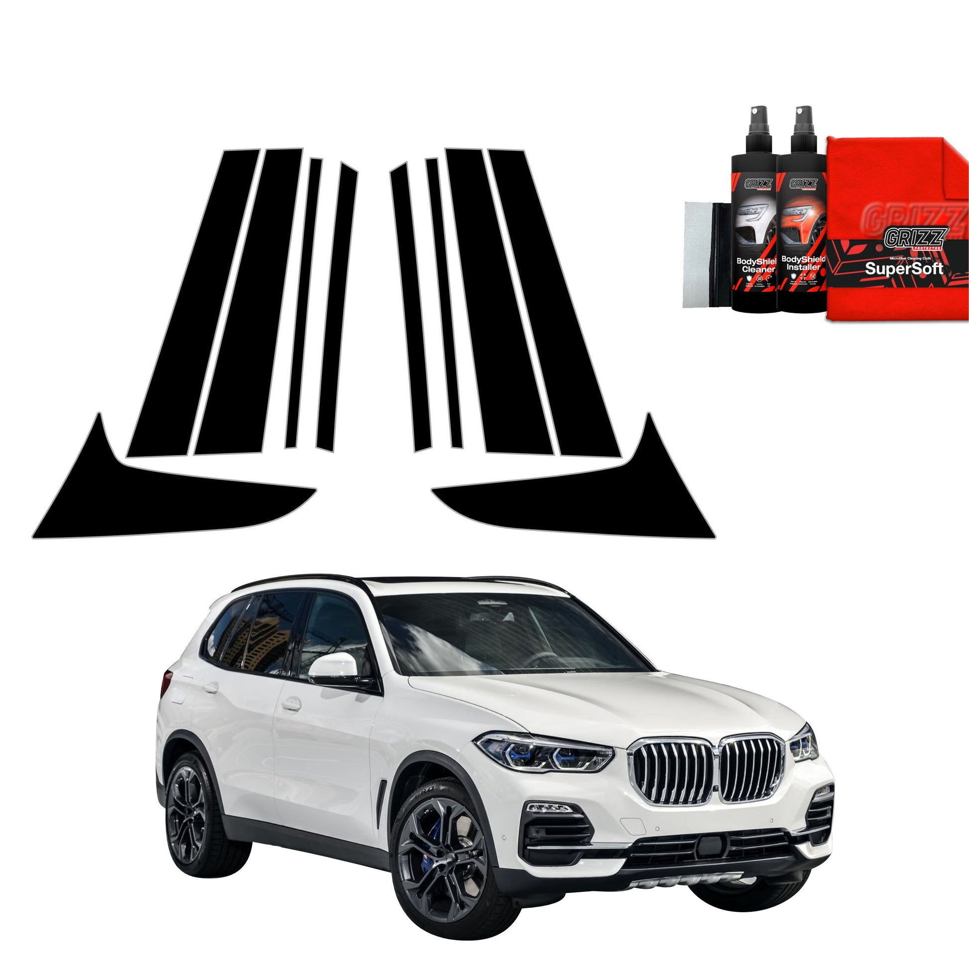 White BMW X5 with GrizzProtector 10in1 B-C-Säule Black Schutzfolie; microfiber towels on top.