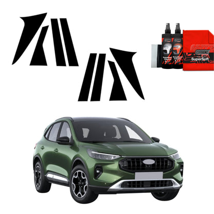 A green Ford Kuga Active (2024-25) with GrizzProtector 8in1 Black B-C Säule Folie, cleaning kit, and decals on white.