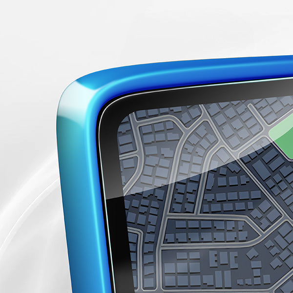 A close-up of a digital map on a blue-framed screen with GrizzProtector Displayschutzfolie für Nissan Juke 2 9" Navi.